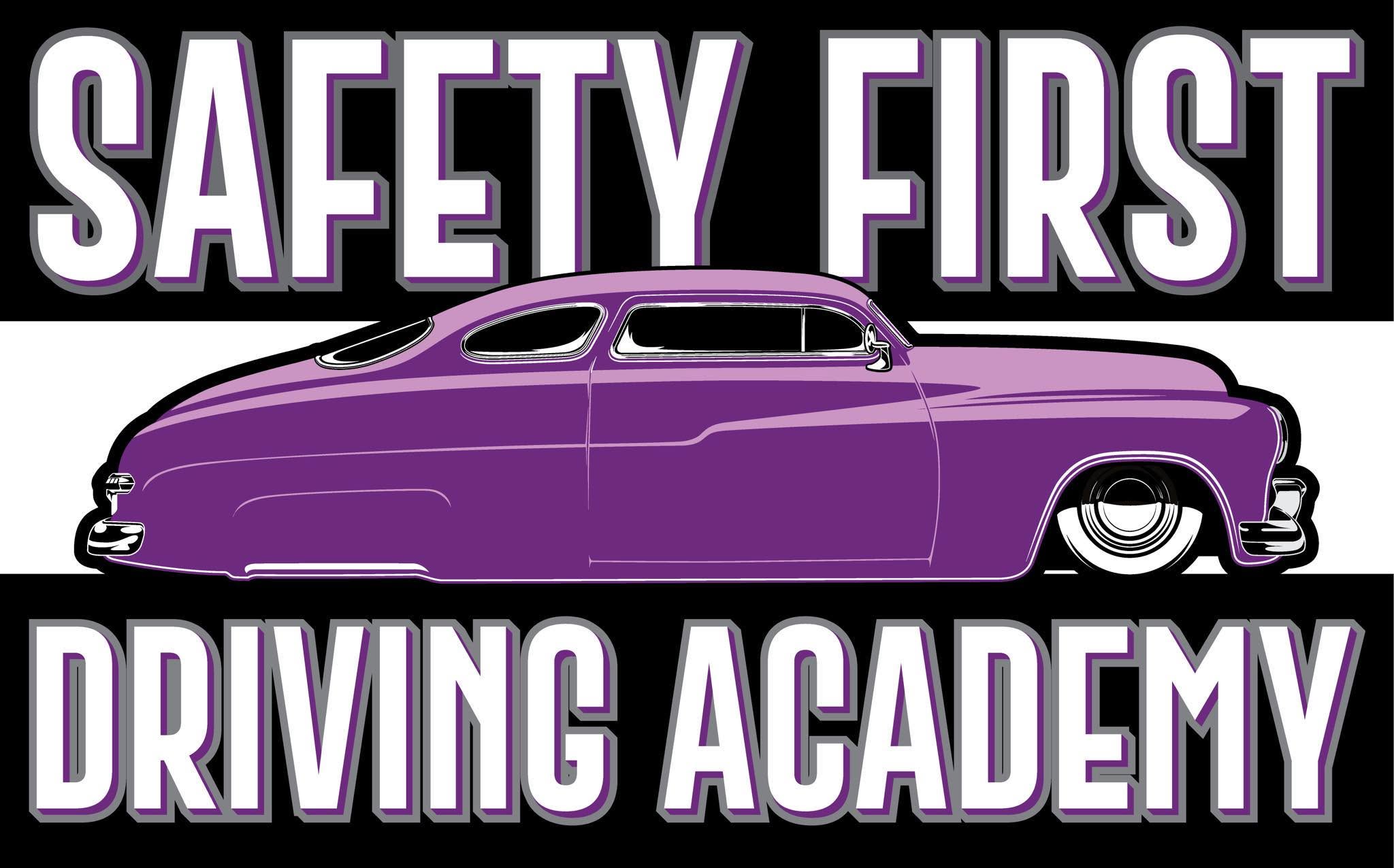 Safety First Driving Academy logo with a purple classic car